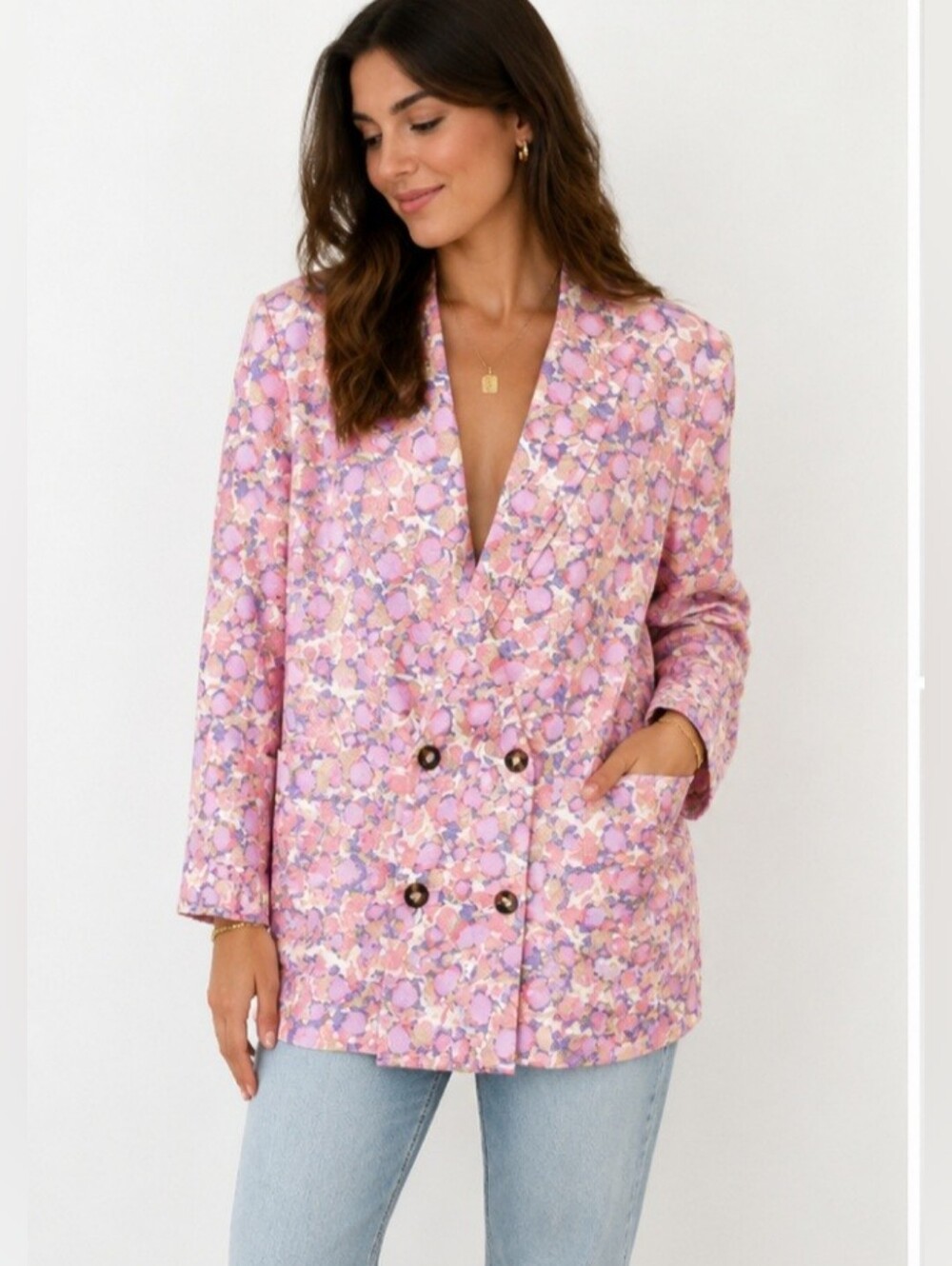 Vintage Aureta Pink Floral Linen Blend Double-Breasted Blazer Women's Large
